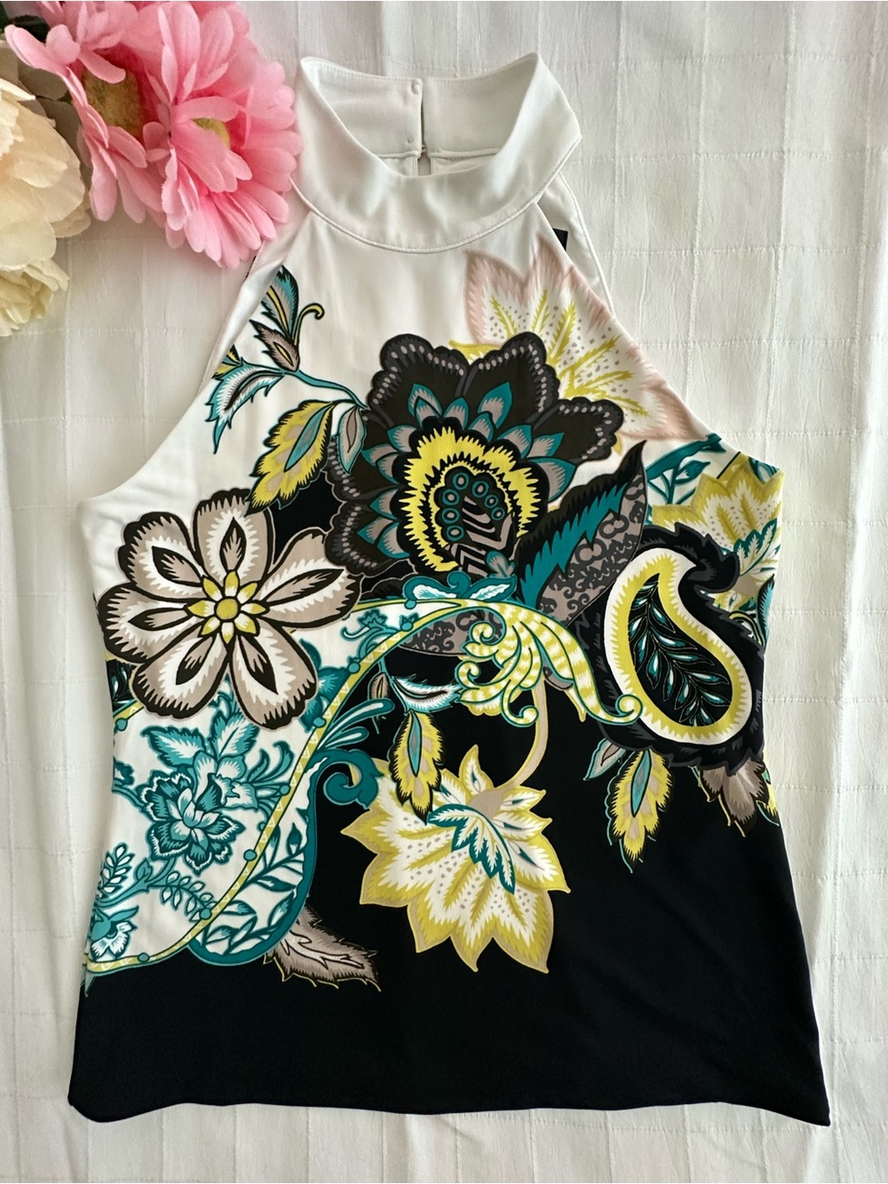 White House Black Market Brand Floral High-Neck Tank Top in White, Black & Teal